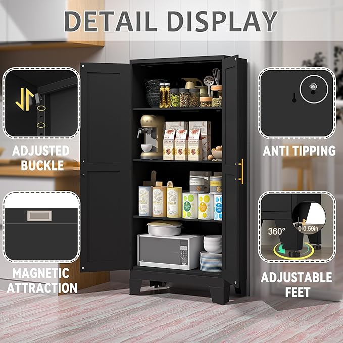GAIOUS 61.02" Kitchen Pantry Cabinet, Pantry Storage Cabinet with 2 Doors and Adjustable Shelves, Black Food Storage for Kitchen, Living Room, Bedroom and Dining Room (Black) Metal Sideboard