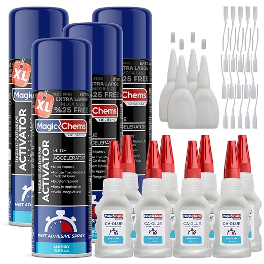 Magic Chems CA Glue with Activator (8 x 3.5 oz + 4 x 16.9 fl oz), Cyanoacrylate Glue and Activator, Super Glue with Activator, CAGlue and Accelerator, Medium (4 Pack)