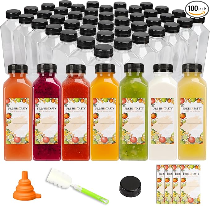 TOMNK 100pcs Plastic Bottles with Caps, 16oz Juice Bottles, with Caps with Black Caps,with Label, Funnel and Brush Beverage Containers for Juicing, Smoothies, Tea, Milk