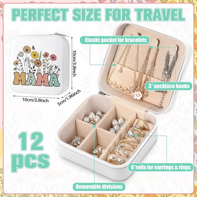 Kacctyen 12 Pcs Mini Mama Wildflowers Travel Jewelry Case Bulk Mother's Day Church Gifts for Mom Women Mama Gifts for Secretary Leather Travel Jewelry Case