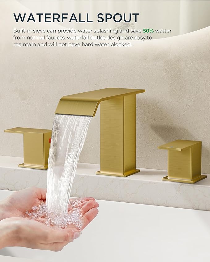 FORIOUS Brushed Gold Bathroom Sink Faucets 3 Hole Widespread, 2 Handles Bathroom Faucet with Pop-up Drain and Flexible Hot and Cold Water Hoses, Suitable for Vanity RV Restroom