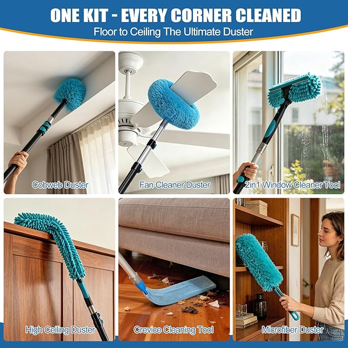 FIDISP 20 Foot High Duster with Extension Pole 4.5-12FT, 1.2" Thick Aluminum Wobble-Free Handle, 9 PCS Ceiling Fan Cleaner Duster Kit with Hooks, Spider Web Brush with Pole for High Ceilings & Outdoor