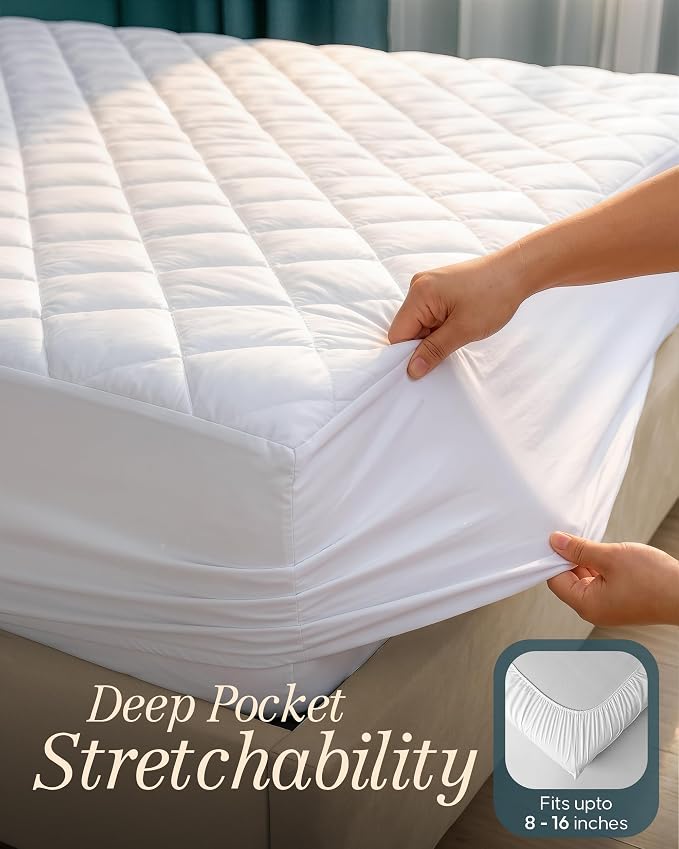 Quilted Fitted Mattress Pad, RV King Mattress Protector Topper with Deep Pocket Stretches up to 16 Inches, Machine Washable Mattress Cover by Utopia Bedding (White)