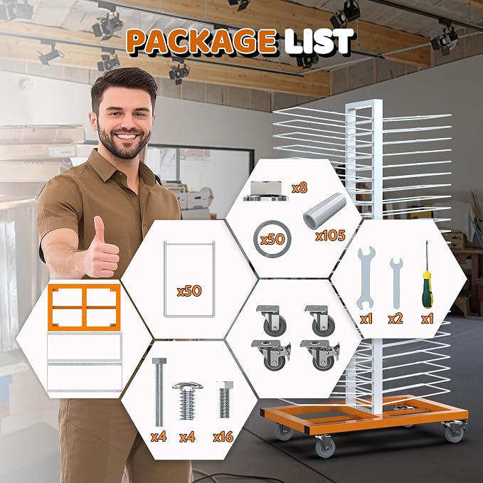 MOOFI 50 Shelves Paint Drying Rack with 4 Locking Casters for Cabinet & Full-Size Doors Drying Rack - Heavy Duty Art Studio Space Saving Storage Rack, 2.1" Shelf Spacing, 25lbs Capacity per Level