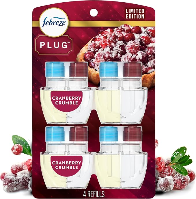 Febreze Plug-In Air Freshener, Odor-Fighting Scented Oil Refill for Home, Bathroom & Kitchen, Holiday Cranberry Crumble Scent, 0.87 oz Refills, 4 Count
