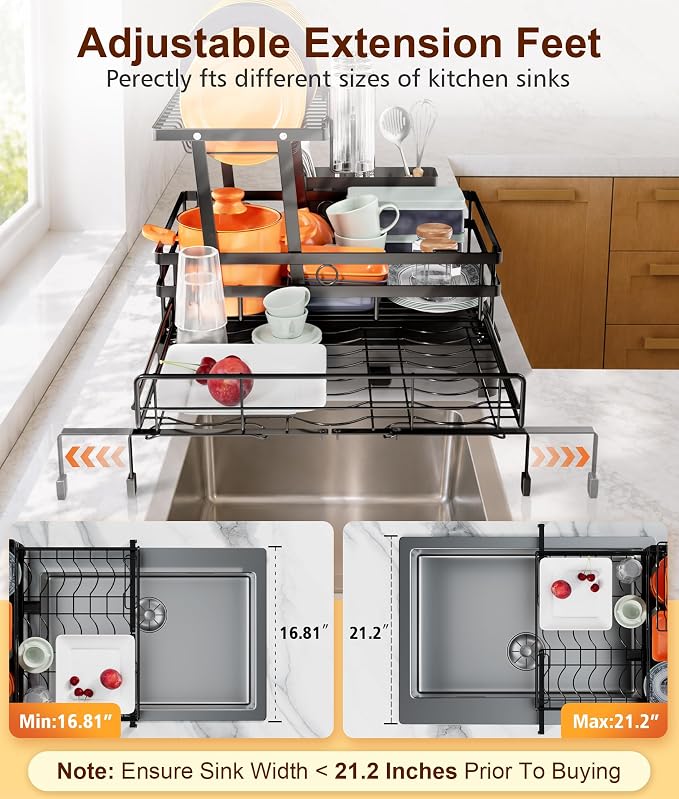 Hanyi 2-Tier Expandable Dish Drying Rack for Counter and Over Sink | Large-capacity rack with foldable upper tier, 15.7-26.4 in over-sink extension, automatic drainage and rust-resistant frame