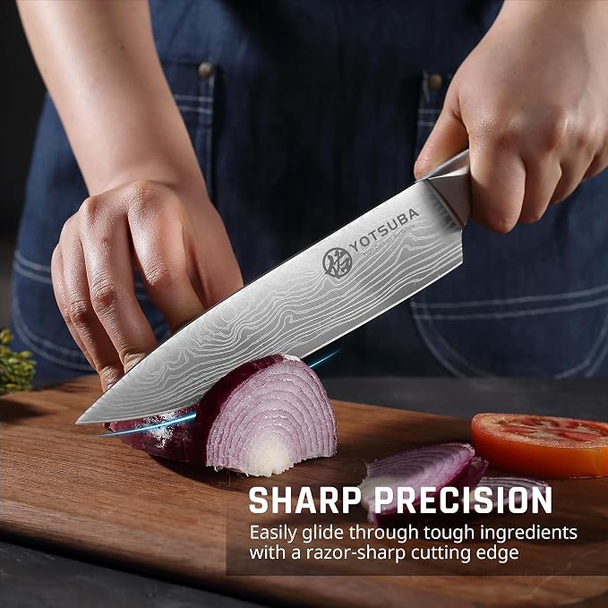 YOTSUBA 8PCS Japanese Style Natural Rosewood Knife Set with Block | High Carbon Stainless Steel, Ultra Sharp, Full Tang Construction, Poke-Proof Construction, Ergonomic Kitchen Knives