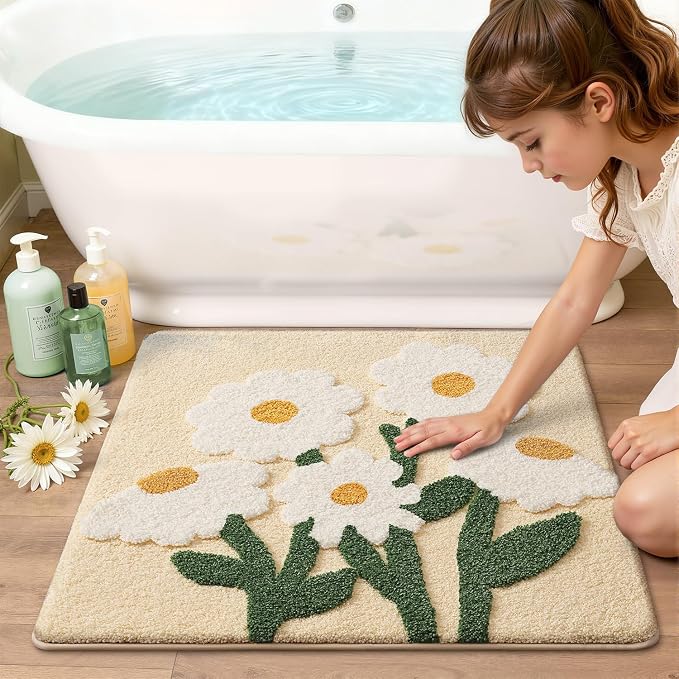 LUMI Bathroom Rugs Cute Daisy, Soft Absorbent Square Bath Mat Non-Slip, Machine Washable Quick Dry Beige Luxury Rug Flower for Kids Room, Bathtub, Home Decor, 32"x32"