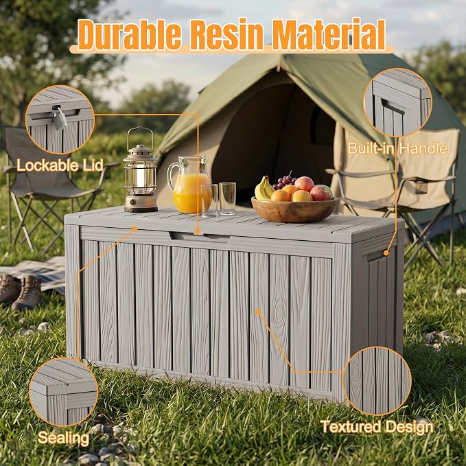 Outdoor Storage Box, 140 Gallon Waterproof Resin Deck Box with Support Rod | UV Resistant Lockable Package Delivery Bin, Shoe, Patio & Garden Tools Storage, Toy Cabinet, Ottoman, Indoor/Outdoor