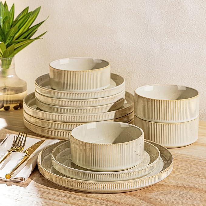 TheTerra Ceramic Dinnerware Sets for 4, 12 Pieces Porcelain Lightweight Speckled Plates and Bowls Sets, Scratch Resistant Dish Set, Oven & Microwave & Dishwasher Safe, Cappuccino
