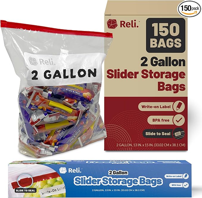 Reli. 2 Gallon Bags (150 Count) 13x15 inch Slider Food Storage | Bulk 2 Gallon with Slider & Write-On Label | Heavy-Duty Clear