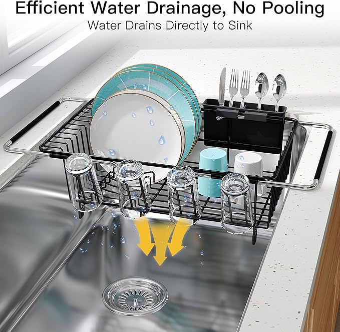 JASIWAY Black Dish Drying Rack in Sink, Dish Drainer with Utensil Holder | Over The Sink Expandable Stainless Steel Strainer Dryer Rack for Small Kitchen, Counter Space Saving, Fast Drain, Rustproof