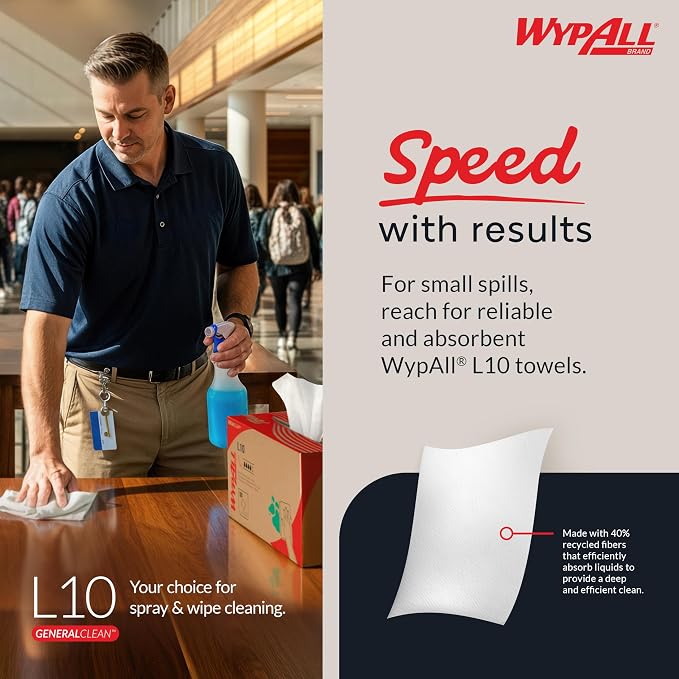 WypAll GeneralClean L10 Cloths Light Cleaning Wipes (05320), Pop-Up Box, Bulk Paper Wipers, White (18 Packs of 125 Sheets, 2,250 Sheet Total)