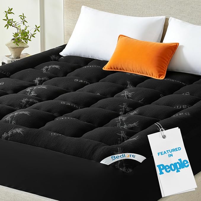 BEDLORE California King Mattress Topper Viscose Derived from Bamboo, Thick Pillow Top Mattress Pad with Stretchable Pockets for 6"-18" Mattress, Soft Mattress Topper for Back Pain Relief(Black)