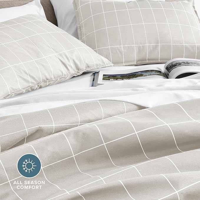 Bare Home Duvet Cover - Queen Size Bedding Set - Premium 1800 Super Soft Collection - Lightweight, Cooling - Soft Breathable Duvet Cover (Queen, Grid – Stone/White)
