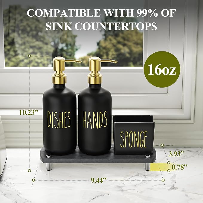 Cisily Kitchen Soap Dispenser Set Comes with Ceramics Sponge Holder, Gold Pumps, and Instant Dry Tray, Hand and Dish Soap Dispenser Set (4, Gold + Black + Sponge Holder)