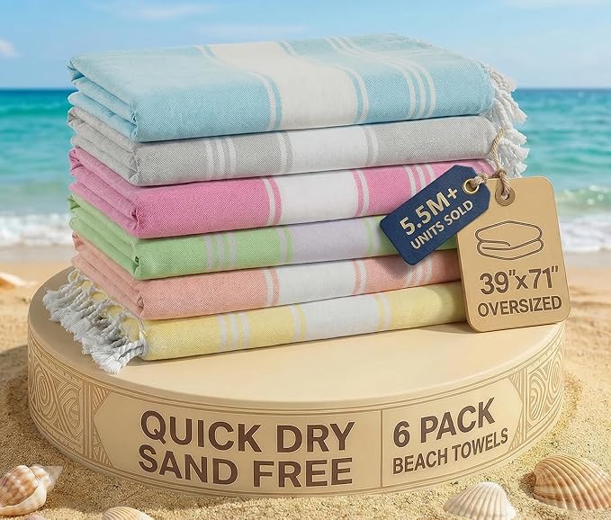 LANE LINEN Turkish Towels 6 Pcs, Beach Towels Oversized, Soft - Beach Party | Pre-Washed Pool Towel - 39"x71", Vacation Essential - Machine Washable, Travel & Camping - Reinforced Hems, Super Absorbent