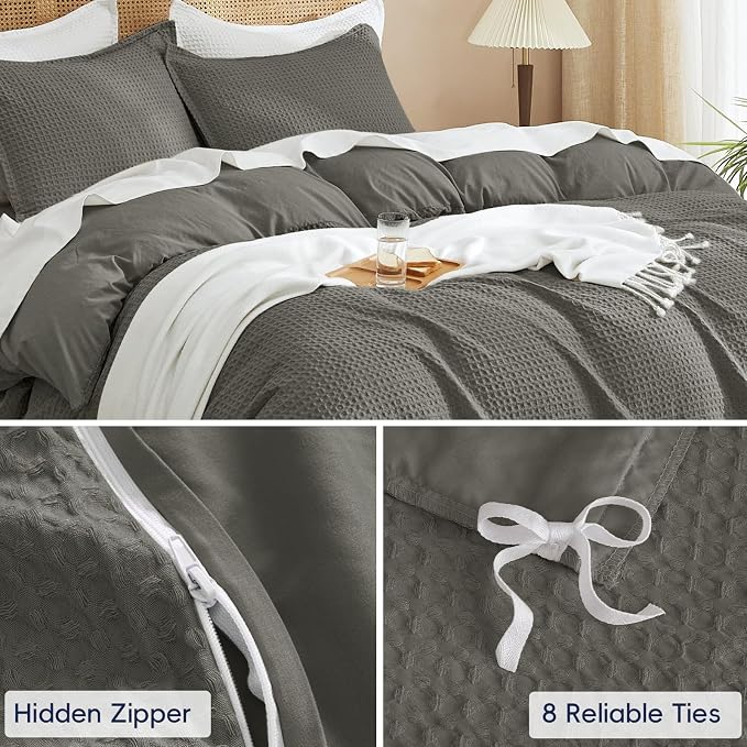 PHF Waffle Weave Duvet Cover Set King Size, No Snagging Ultra Soft Luxury Textured Breathable Comforter Cover for All Season 3pcs, Durable Bedding Duvet Set with 2 Pillow Shams, 104"x90", Grey