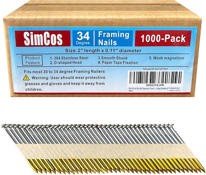 34-30 Degree 2 Inch Smooth Shank Paper Framing Nails,1000-Pack | 304 Stainless Steel D Head Tape Strip Nails for 30 to 34 degree Framing Nailer,fits indoor and outdoor building projects