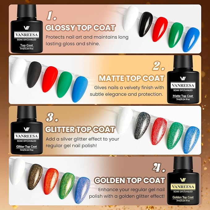 VANREESA 24 Pcs Gel Nail Polish Set -Elegant Colors Gel Polish with Base Coat & 4 Effects of Top Coat Pearl White Nude Brown Red Orange Gray Black Glitter Gel Polish Set Nail Kit Gifts for Women Girls