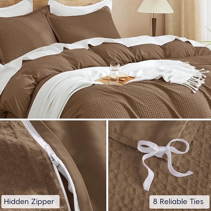 PHF Waffle Duvet Cover Set King Size, No Snagging Ultra Soft Luxury Textured Breathable Comforter Cover for All Season 3pcs, Durable Bedding Duvet Set with 2 Pillow Shams, 104"x90", Mocha