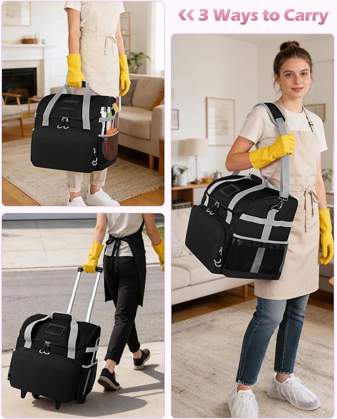 Marscamd Large Rolling Cleaning Caddy Bag with Detachable Trolley, Cleaning Supplies Organizer with Wheels for Housekeepers, Black
