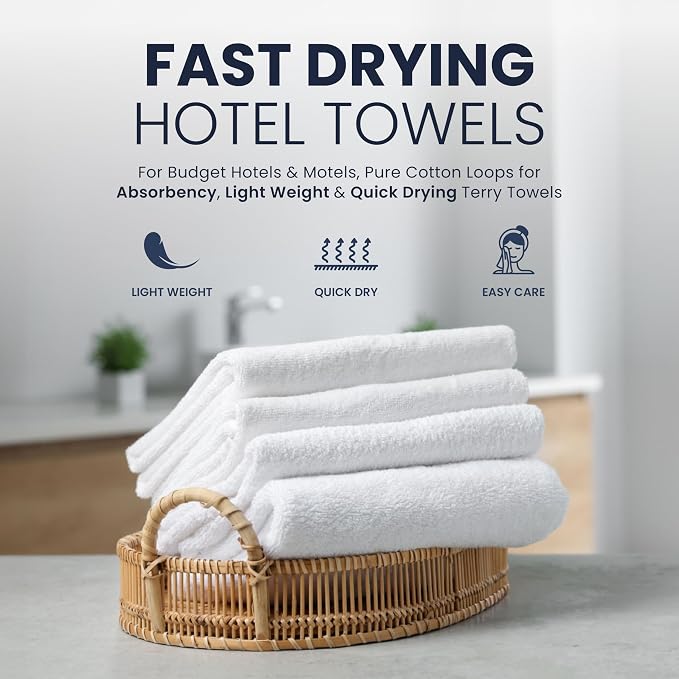 belem Fast Drying Hotel Towels - Pack of 60 (24x50) White Large Bath Towels Bulk - Lightweight Super Absorbing, Soft & Durable Terry Towels for Commercial & Hotel Use - 10.5 lbs/Dozen (010604)