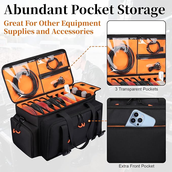 Large Dj Cable Bag with Laptop and Microphone Pocket, Dj Bag for Equipment and Music Accessories with Detachable Dividers, Bottom Pad, Dj Gig Bags for Musicians, Professional, Travel, Orange