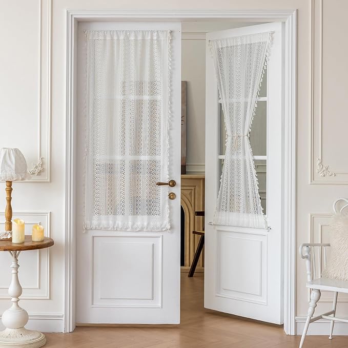 Sutuo Home White French Door Curtains 72 Inches Long for Front Door Glass & Sidelights, Cream Semi Sheer Bohemian Tassels Vintage Privacy Drapes Window Household Decoration, Rod Pocket 2 Panels 25" W