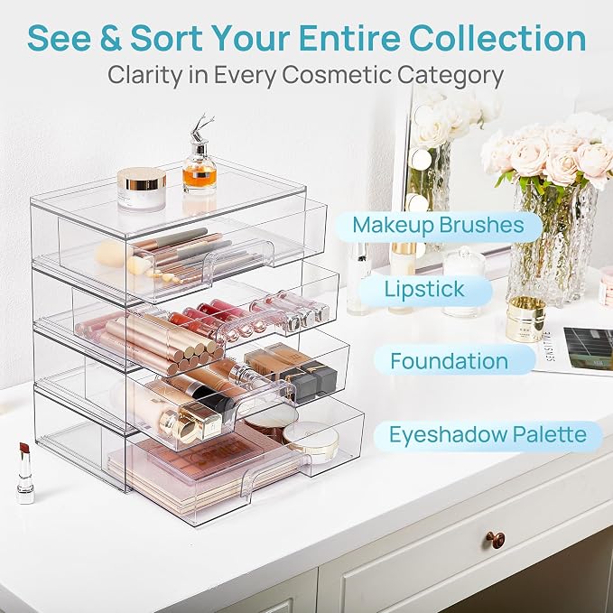 Vtopmart 12.1''W Clear Stackable Storage Drawers,4 Pack Acrylic Plastic Organizers Bins for Makeup Palettes, Cosmetics, and Beauty Supplies,Ideal for Vanity, Bathroom,Cabinet,Desk Organization