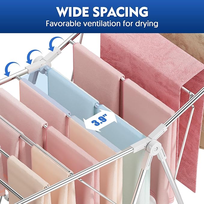 APEXCHASER Clothes Drying Rack, Stainless Steel Drying Rack Clothing with Height-Adjustable, Foldable Gullwings Laundry Drying Rack, Indoor Outdoor Use, No Assembly, White