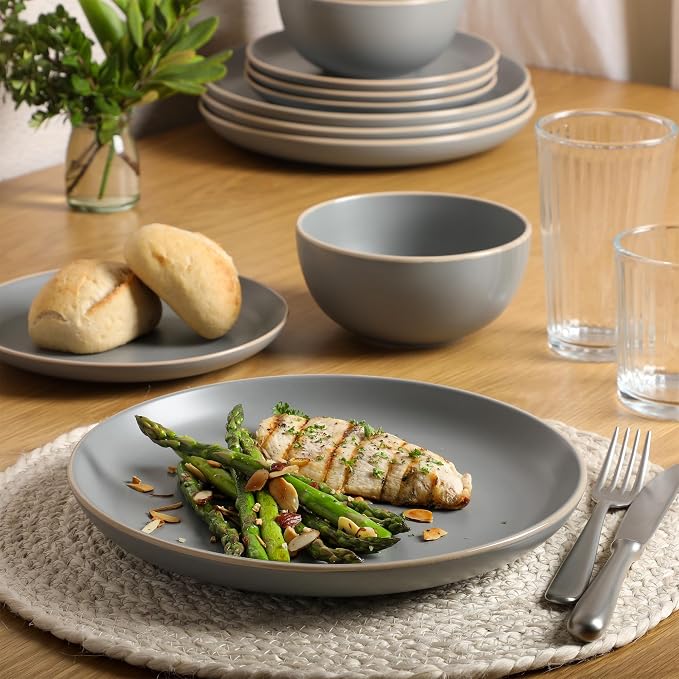 Gibson Home Rockaway 12-Piece Stoneware Dinnerware Set, Matte Finish, Service for 4, Modern Ceramic Plates and Bowls, Microwave & Dishwasher Safe – Soft Gray - Service for 4