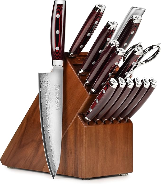 Yaxell Super Gou 16 Piece Knife Set - Made in Japan - 161 Layers SG2 Stainless Damascus, Acacia Block