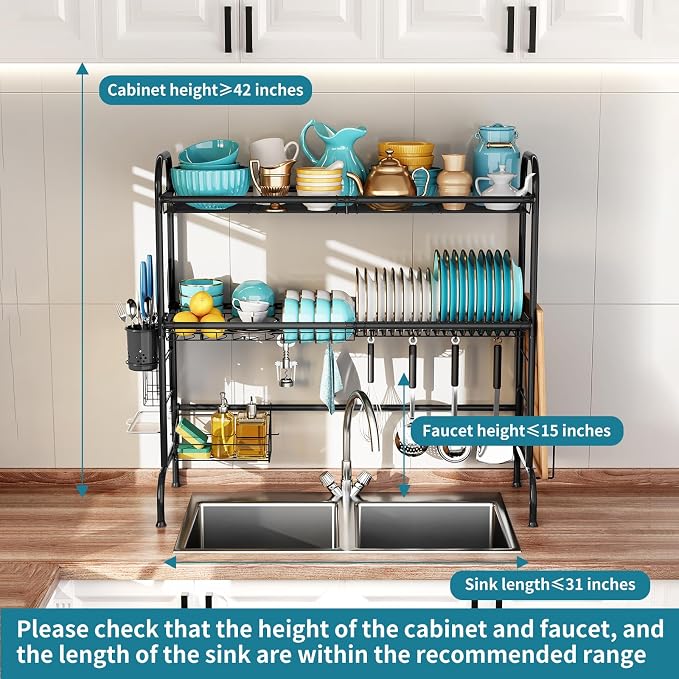 HOWDIA 3-Tier Over The Sink Dish Drying Rack,Stainless Steel Dish Rack | With Cutlery Holder & Chopping Board Rack, 33.9” x 11.4” x 32.3” for Maximum Kitchen Storage, Black