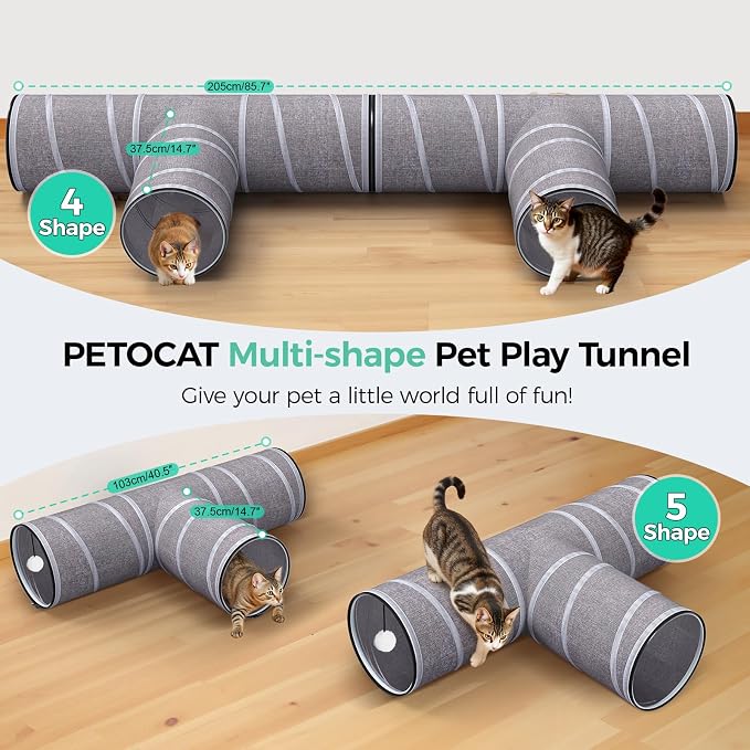 PETOCAT Cat Tunnel 4 Way with Teaser Wand & 2 Plush Ball, 5 Shapes Available, 54/80.7" L, H-Shaped Collapsible Pet Play Tube Maze for Kitten Puppy Bunny Ferret Rabbit, Indoor/Outdoor Peekaboo Cave