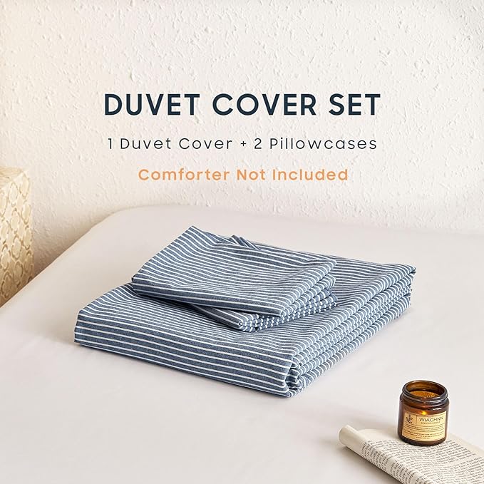 Wake In Cloud - Striped Cotton Duvet Cover Set, 100% Washed Cotton Textured Bedding Set, Ticking Stripe Pinstripe Farmhouse, 3 Pieces, Denim Blue, King Size