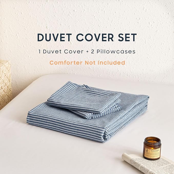 Wake In Cloud - Striped Cotton Duvet Cover Set, 100% Washed Cotton Textured Bedding Set, Ticking Stripe Pinstripe Farmhouse, 3 Pieces, Denim Blue, Full Size