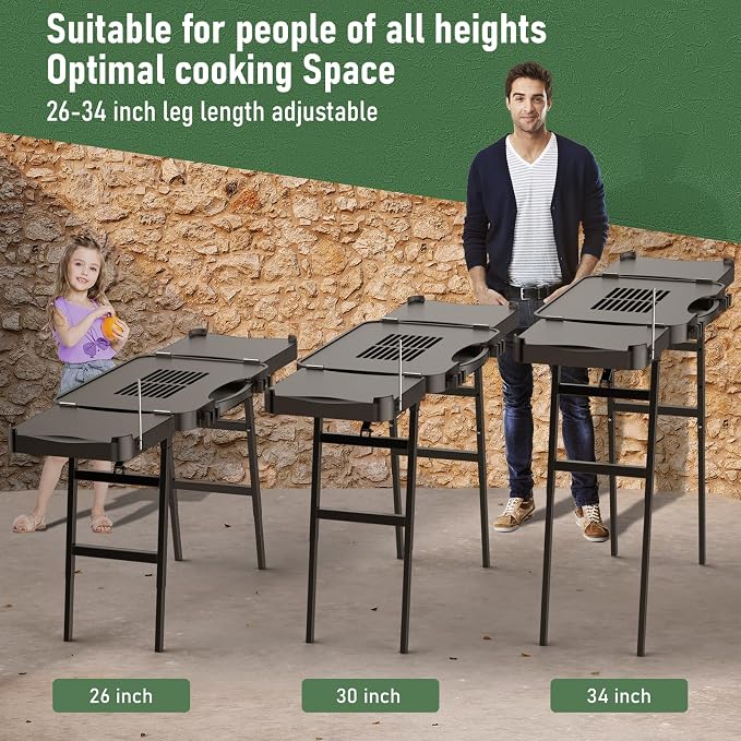 Pizza Oven Table Compatible with Ninja Woodfire | 51 x 17 in tabletop, adjustable-height frame, raised guardrail, for Blackstone griddles