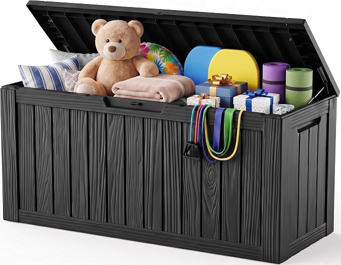 Outdoor Storage Box, 140 Gallon Waterproof Resin Deck Box with Support Rod | UV Resistant Lockable Package Delivery Bin, Shoe, Patio & Garden Tools Storage, Toy Cabinet, Ottoman, Indoor/Outdoor