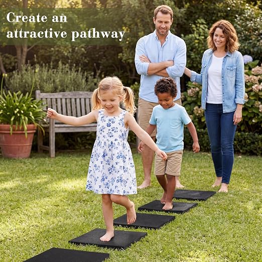 Nuanchu 4 Pcs 12 x 12 Inch Rubber Stepping Stones Outdoor Garden Walkway Non-Slip Durable Pavers for Patio, Pathway, Landscaping, Weatherproof Stepping Stones for Easy Installation (Square,Black)
