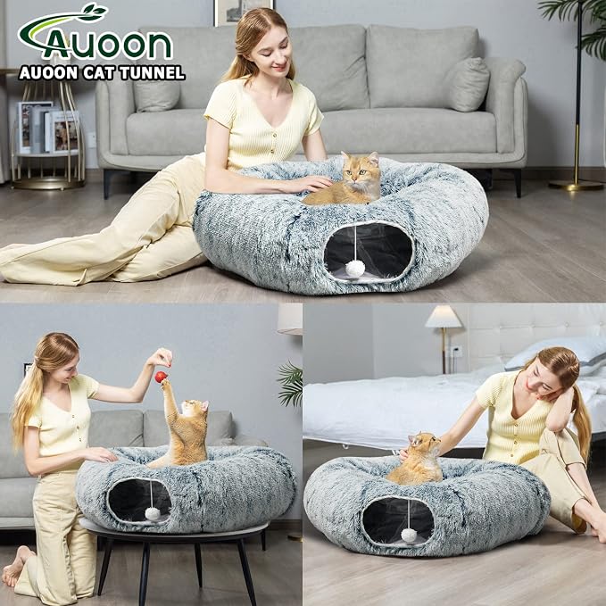 AUOON Plush Cat Tunnel Bed for Indoor Cats, 36" L x 36" W x 11.5" H, Gray | 2 in-1 Interactive Cat Toy, with Hanging Ball Toy, Machine Washable Center Pad, for Kitten Puppy Rabbit Ferret