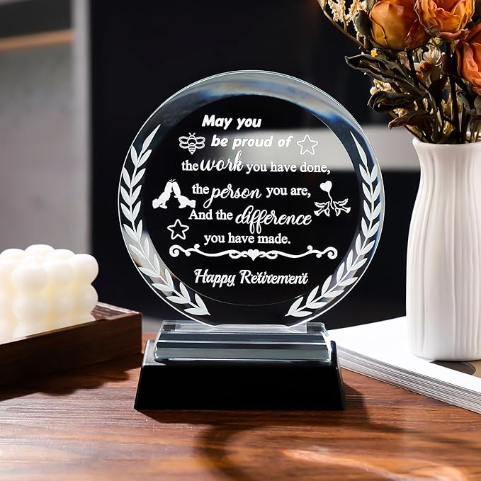Happy Retirement Gifts for Woman Men Crystal Retirement Plaque Gifts with LED Light Base 2026 Glass Keepsake for Retired Boss Friend Coworker Teacher Going Away