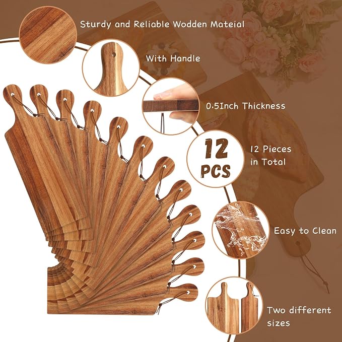 12 Pcs Wood Cutting Board Set with Handle, Bulk Chopping Serving Boards 16x10 & 16x5 Inch, Charcuterie Boards for Laser Engraving, Wedding Housewarming Gift, Kitchen Supplies (Acacia)