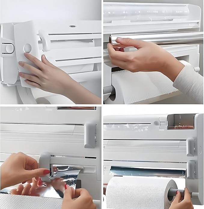 6-in-1 Wall Mounted Plastic Wrap&Foil Dispenser with Cutter–PP Kitchen Organizer w/Paper Towel, Tape, Bag&Small Tray, No Drill/Screw Mount White-Aluminum Foil Rack Organizer&Organizer Foil Cling Wrap