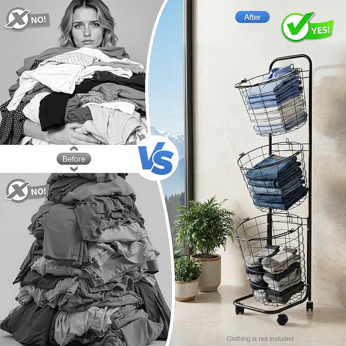 Laundry Basket with Wheels, 3 Tier Rolling Laundry Hamper Cart, Removable Metal Storage Shelf Basket, Portable Clothe Organizer Cart for Laundry Room, Balcony, Toilet, Kitchen
