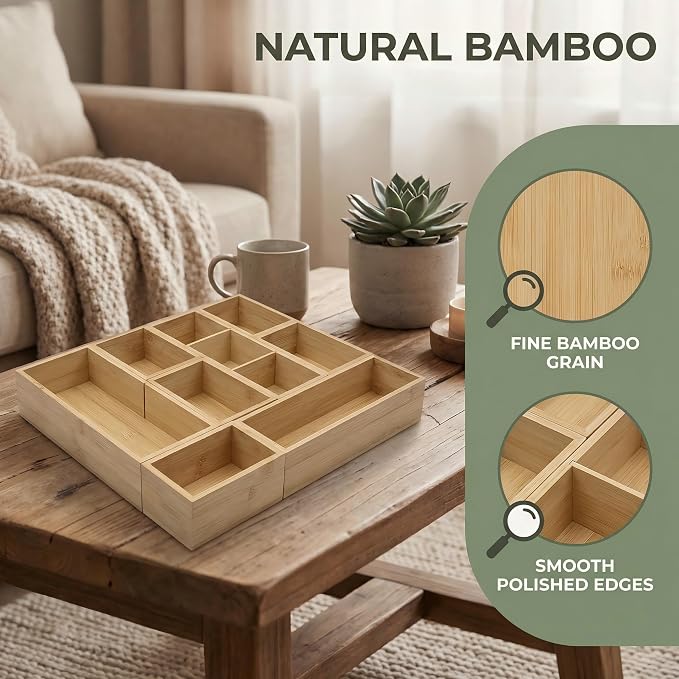 Bamboo Drawer Organizer,Fits Kitchens,Bathrooms,Desk,Utensil,Makeup,Removable Dividers (Natural, M)