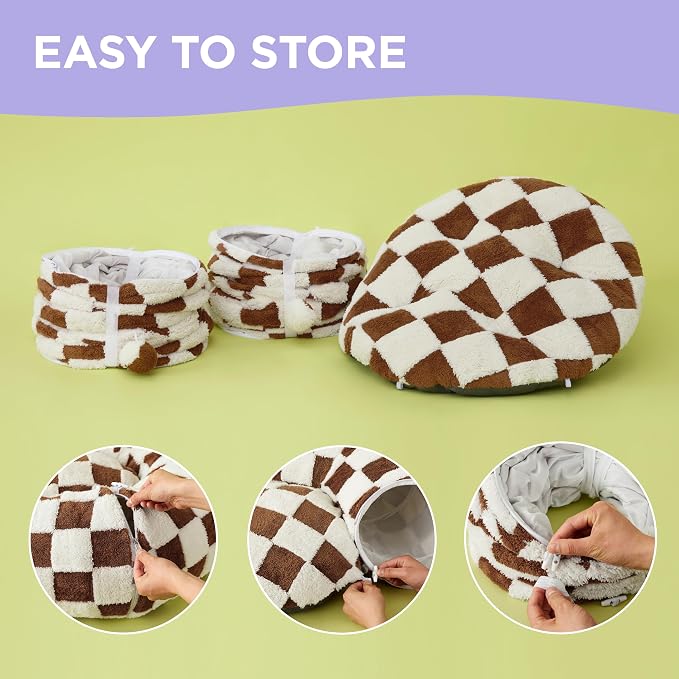 Lesure Large Cat Tunnel Bed - Cute Donut Bed for Indoor Cats with Washable Circle Cushion, Round Pet Peekaboo Cave Toy for Multi Kitten/Puppy/Rabbit, Large Brown Checks