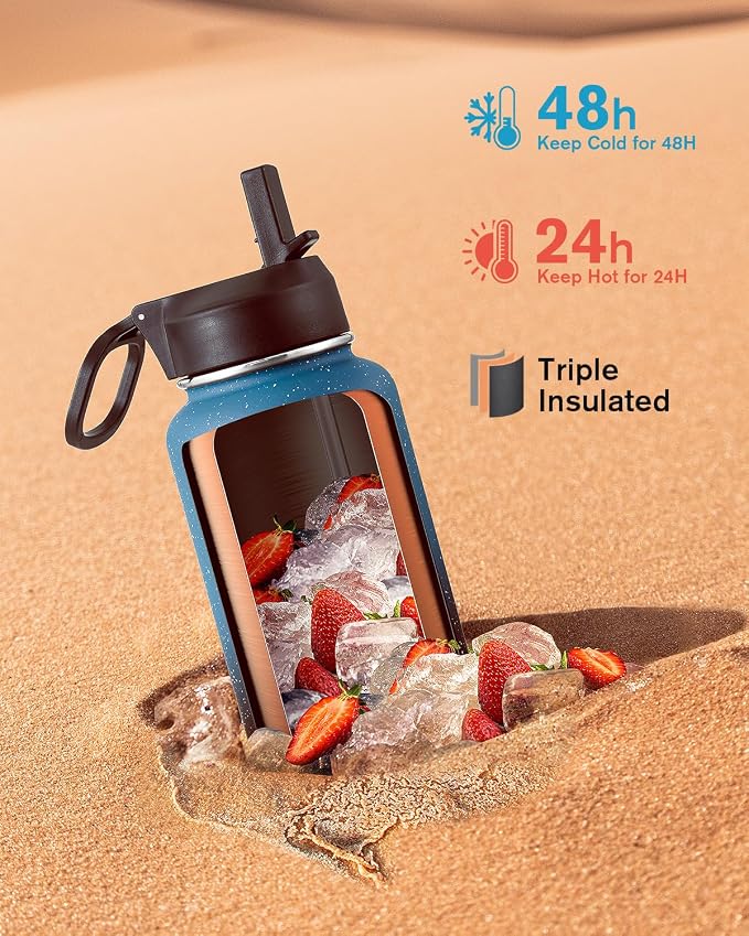 Coolflask Water Bottle 32 oz Insulated with Straw, Stainless Steel Metal 3 Lids Water Flask Wide Mouth for Sports or Office, Non-BPA Keep Cold Up to 48 Hrs or Hot Up to 24 Hrs, Turquoise
