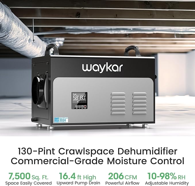 Waykar 130 Pints Energy Star Most Efficient Commercial Dehumidifier with Pump and Drain Hose for Crawl Spaces, Basements, Ducted Industrial Use, and Water Damage Unit - 5-Year Quality Coverage