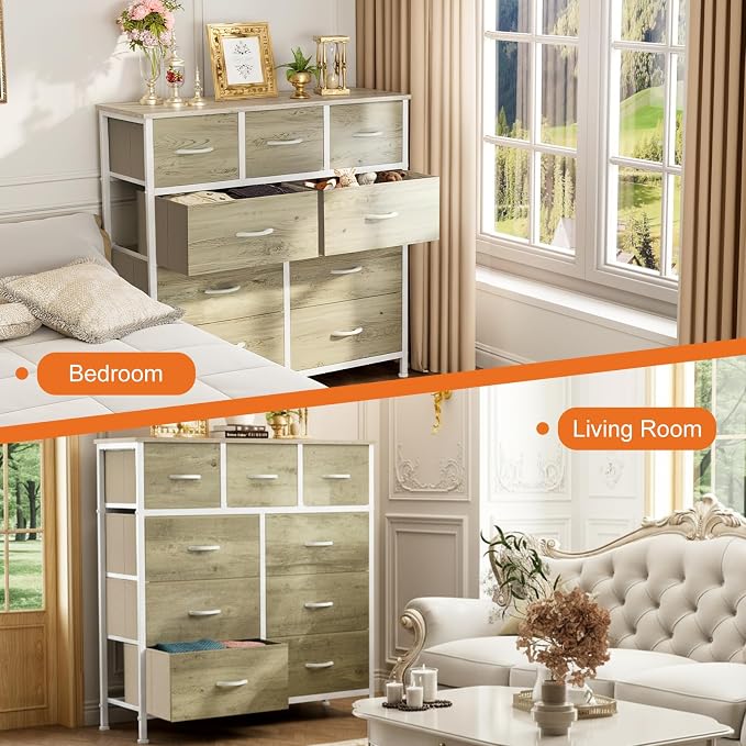Sweetcrispy 9 Drawer Fabric Dresser Storage Tower with Wood Top and Steel Frame, Organizer Chest with Easy Pull Handles for Bedroom, Closet, Hallway,Oak Greige